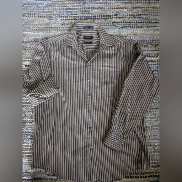 Claiborne Brown Stripe Button Down Shirt L L/S Professor Winkle Free 100% Cotton - Picture 2 of 5